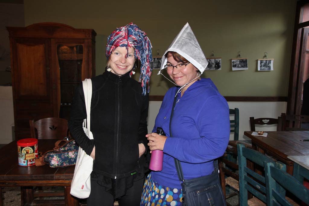 Adela Sobotkova and Petra Janouchova wearing hats in the Zagora Hat Party