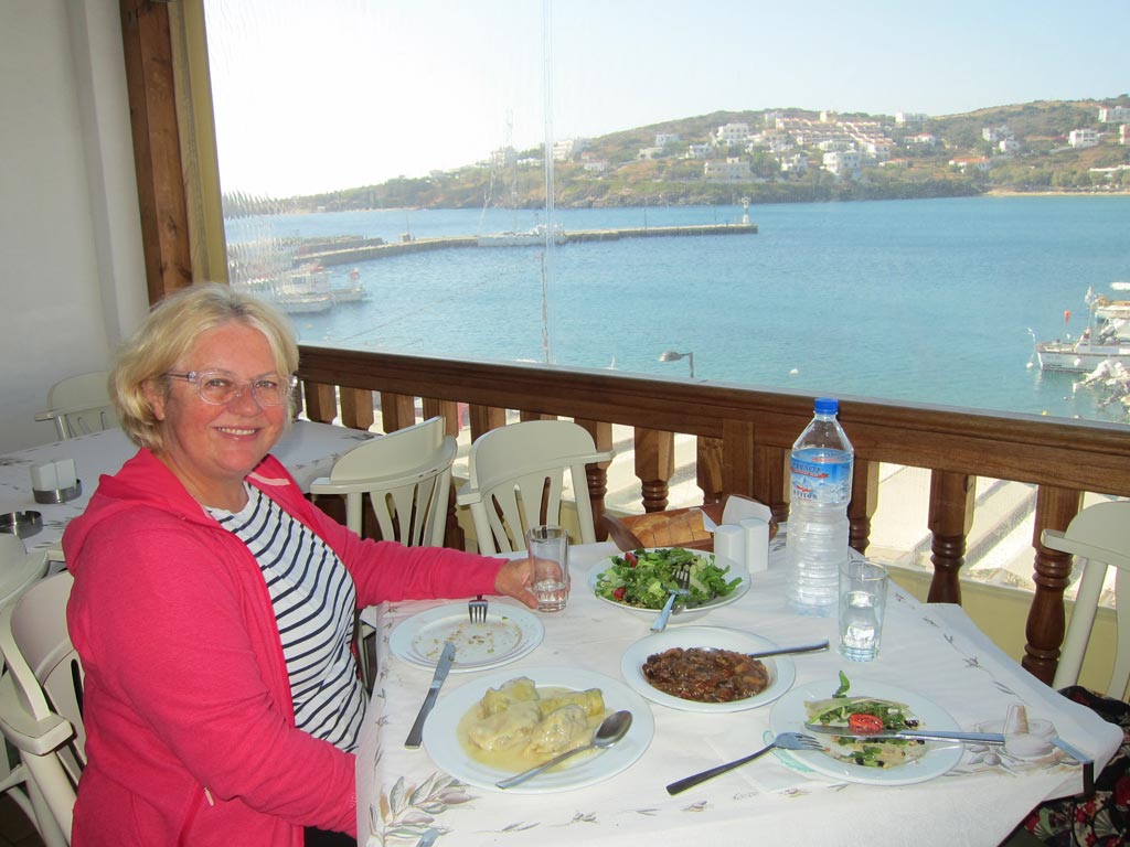 Anne Hooton at the waterside Stamatis restaurant in Batsi