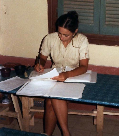 Meg Miller doing post field-day paperwork at Naukratis, Egypt, c1981