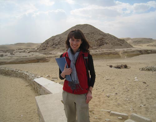 Melanie Pitkin at the pyramid complex of King Unis, Saqqara, Egypt