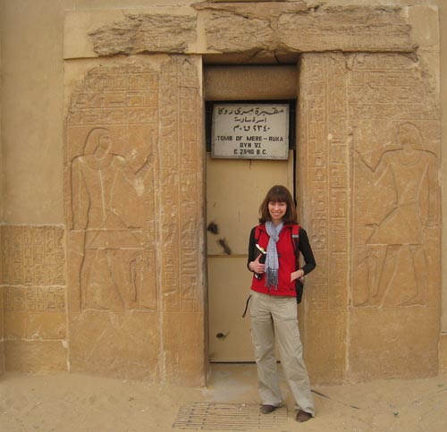 Melanie Pitkin outside the tomb of Mereruka, Saqqara, Egypt, in 2012