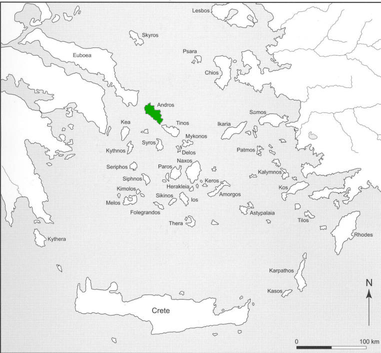 Map of Aegean islands showing Andros