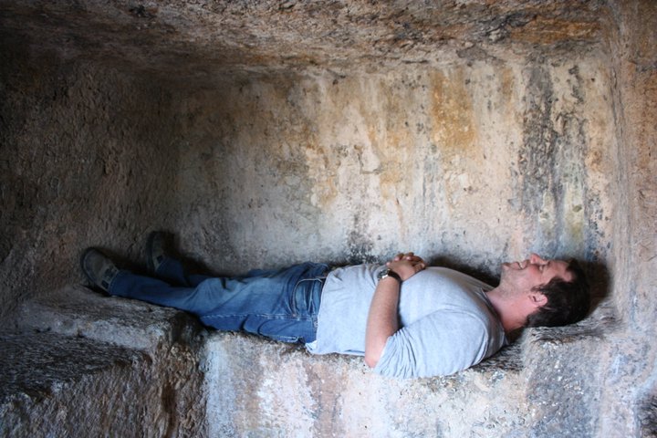 Pretending to be dead in a looted tomb along the Lycian Way, Turkey