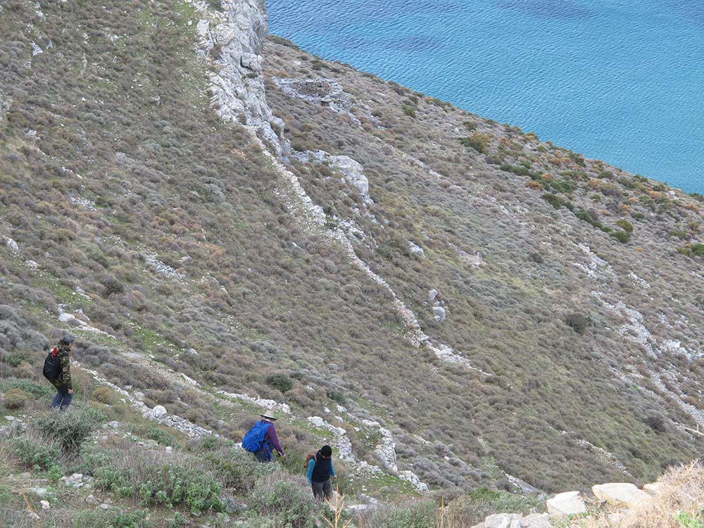 Stavros Paspalas, Meg Miller and Lesley Beaumont walking down the steep slope to do a transect survey