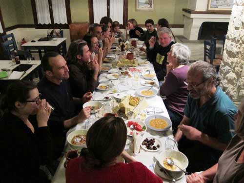 The Zagora team enjoying one of Maria's marvellous home-cooked Greek dinners at the Kantouni Restaurant
