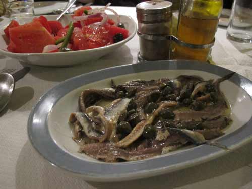Anchovies and home-grown tomatoes served at the Kantouni
