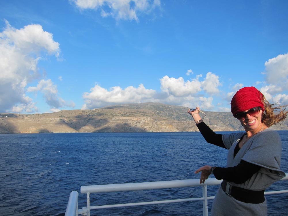 Kristen Mann indicating the location of Zagora from aboard a ferry