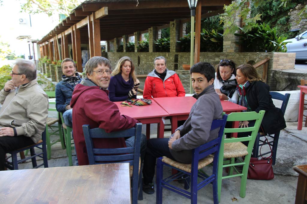 Members of the Zagora 2013 team in the Menites cafe courtyard. From left: Antonio Bianco, Peter Londey, Kristen Mann, Paul Donnelly, Sami Beaumont-Cankaya, Sue Jorgenson and Lea Alexopoulos