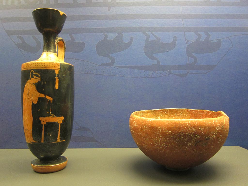 Attic red figure earthenware lekythos (oil jug) and c. 480BCE, and Cypriot ceramic bowl c. 2050BCE