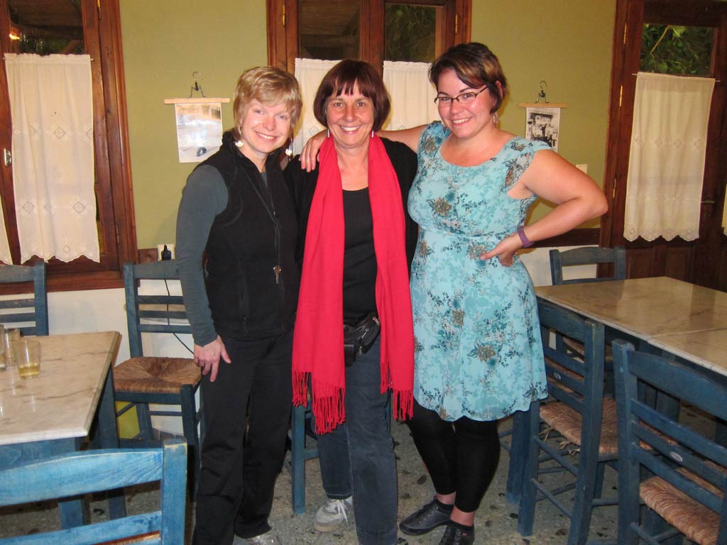 Adela Sobotkova, Irma Havlickova and Petra Janouchova in the Kantouni Cafe at Batsi. 
