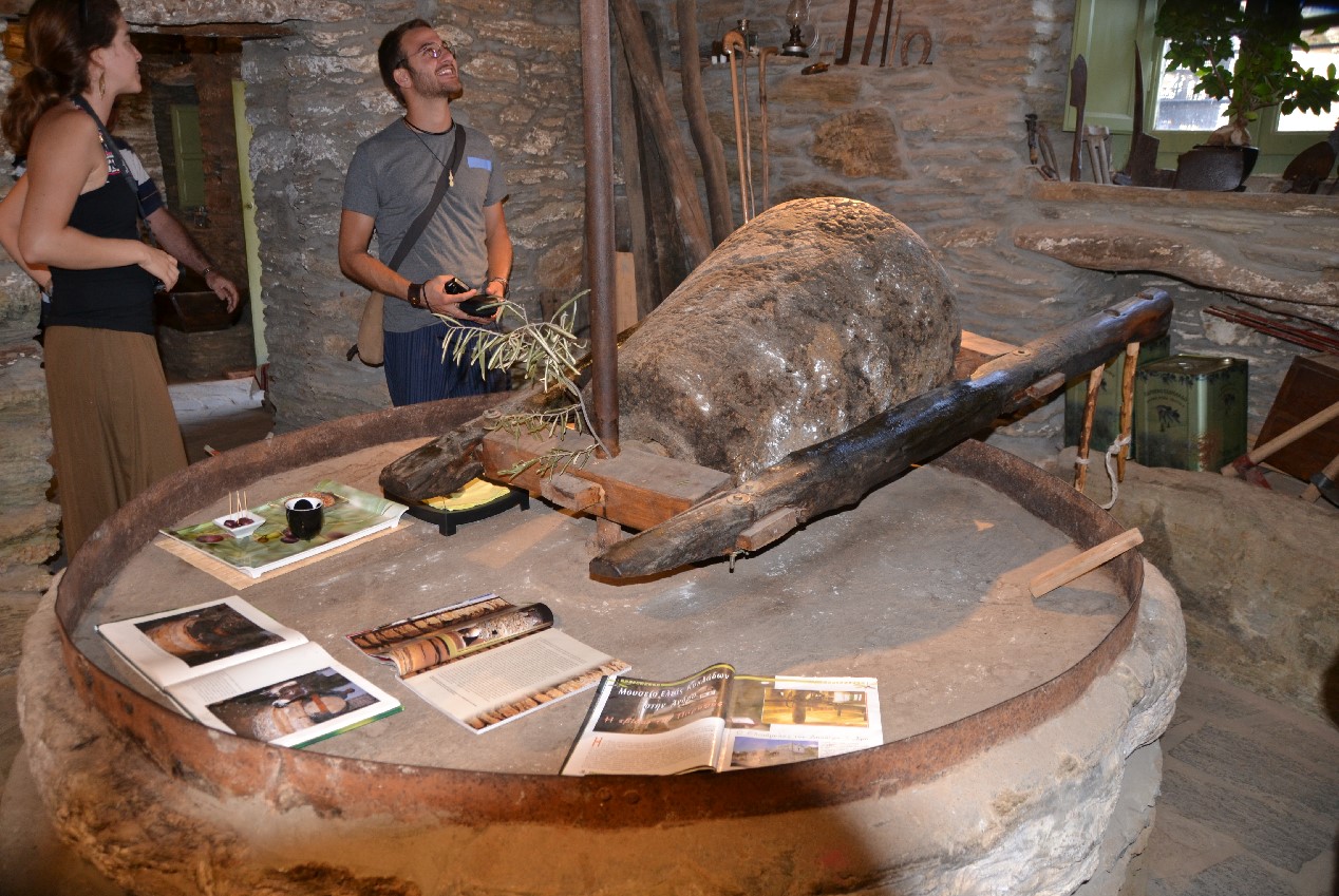 Kristen Mann and Antonio Bianco in the Cyclades Olive Museum in Pitrofos