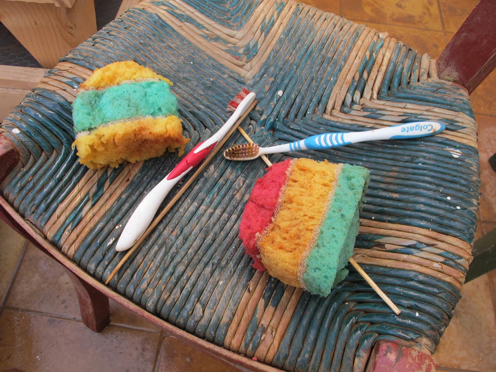 Sponges, toothbrushes and long wooden skewers used to clean Zagora artefacts