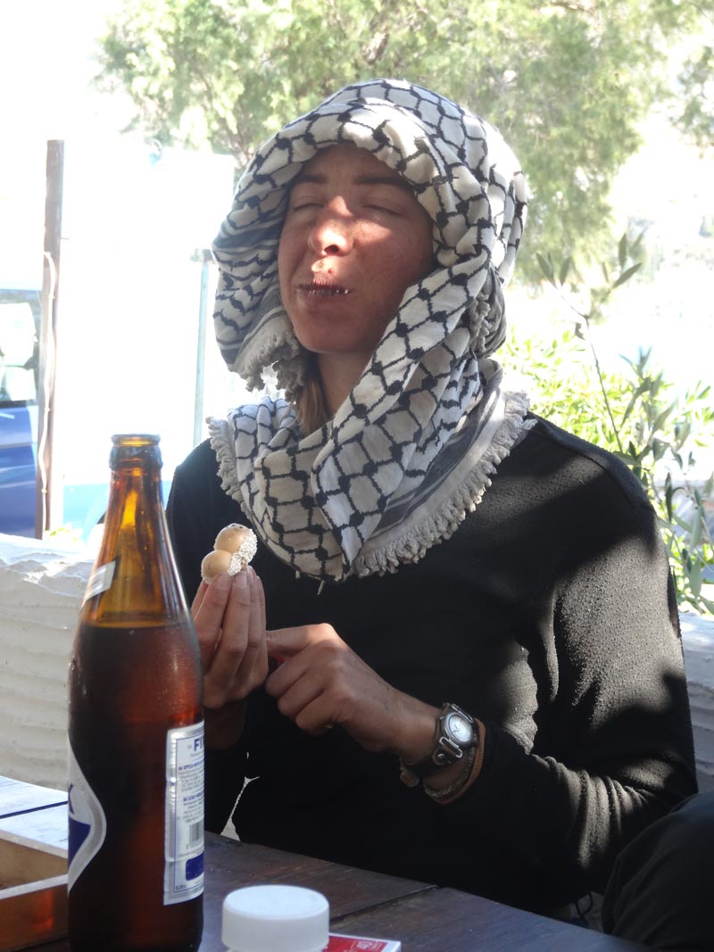 Kristen Mann enjoying her after-dig refreshments in the Kantouni Cafe courtyard