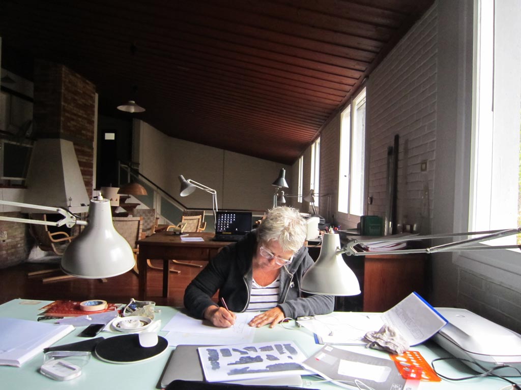 Anne Hooton at her desk in the Swedish Institute while working on the Kalaureia excavations