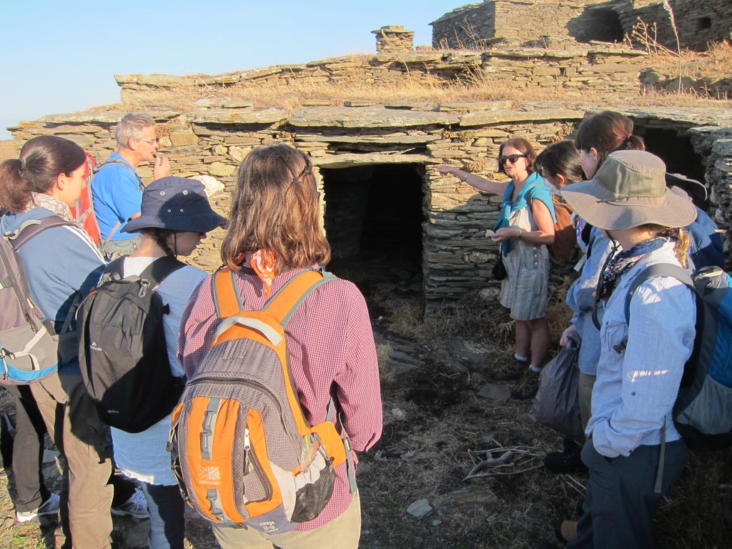 Lesley Beaumont shows Zagora participants a stone-built animal shelter off the path to Zagora