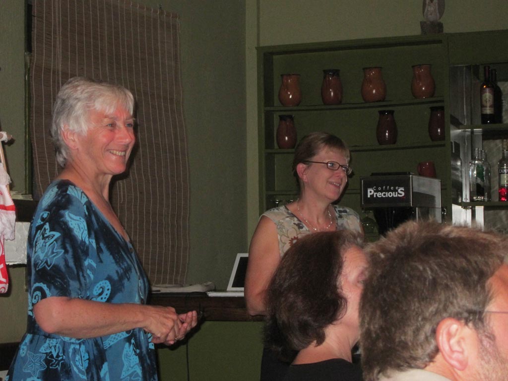 Meg Miller and Jo Cutler fielding questions after Jo's presentation on Wednesday evening at the Kantouni