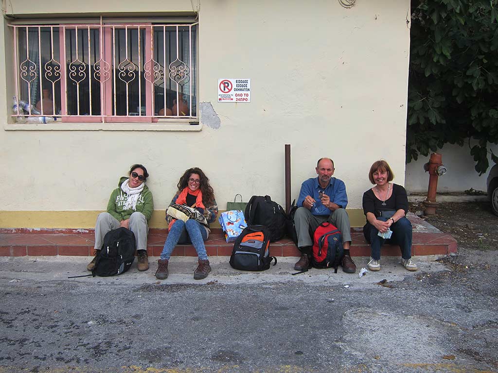 Waiting for the bus after a day working in Andros Archaeological Museum are, from left: Alba Mazza, Maria Karagiannopoulou, Bob Miller and Irma Havlicek. Alba had been helping with artefact conservation and Maria had been cleaning finds. Bob was photographing artefacts, and I was interviewing Bob for this blog post