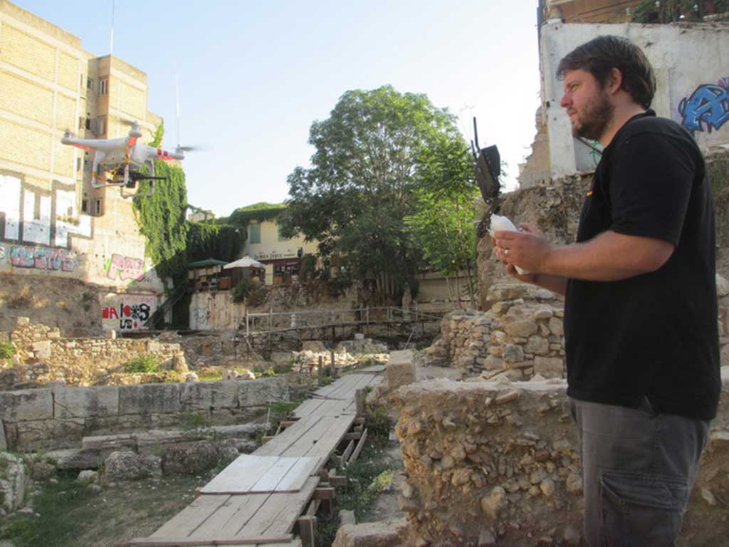 Hugh Thomas with drone, photographing the Agora in Athens